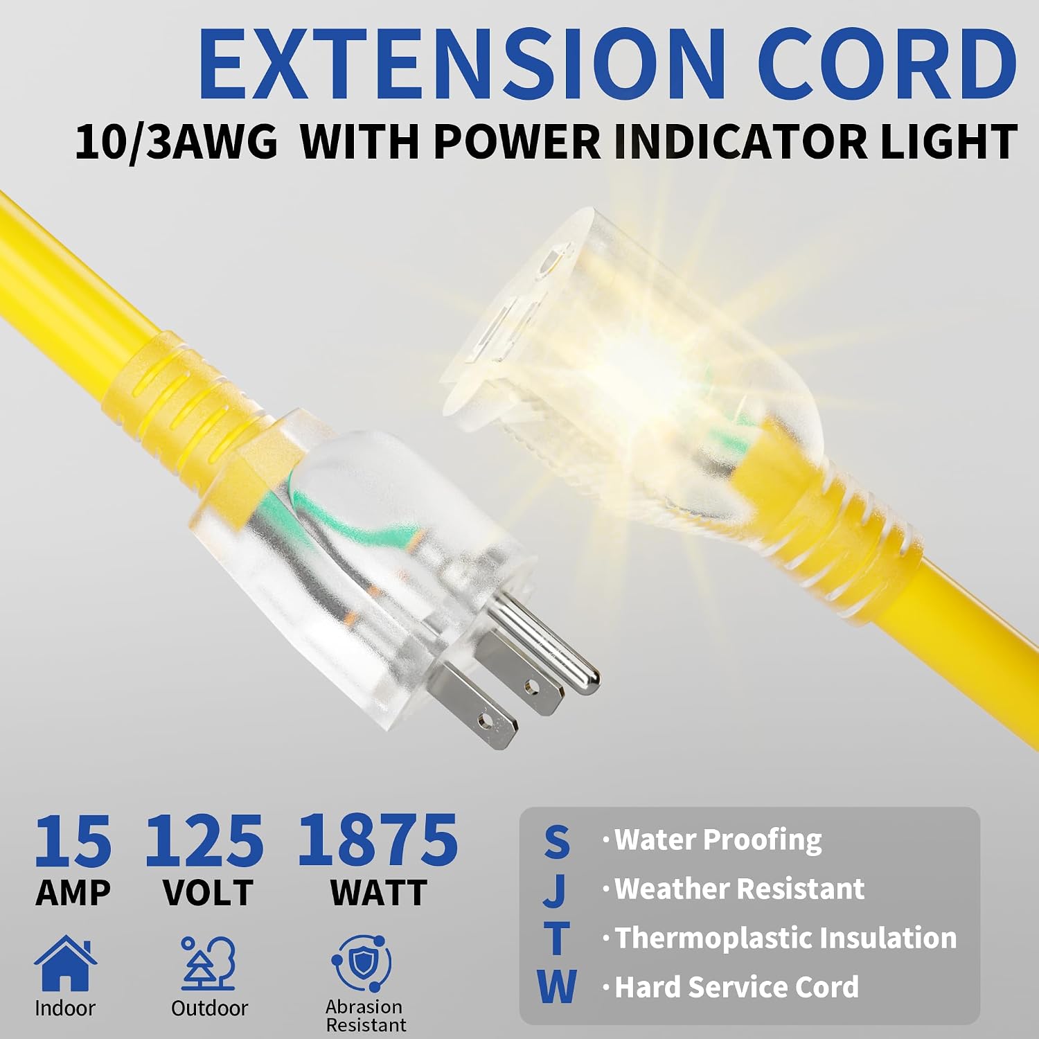 Thumbnail 1 de cismorvex 50-Foot 10/3 Outdoor/Indoor Extension Cord, Lighted, Yellow