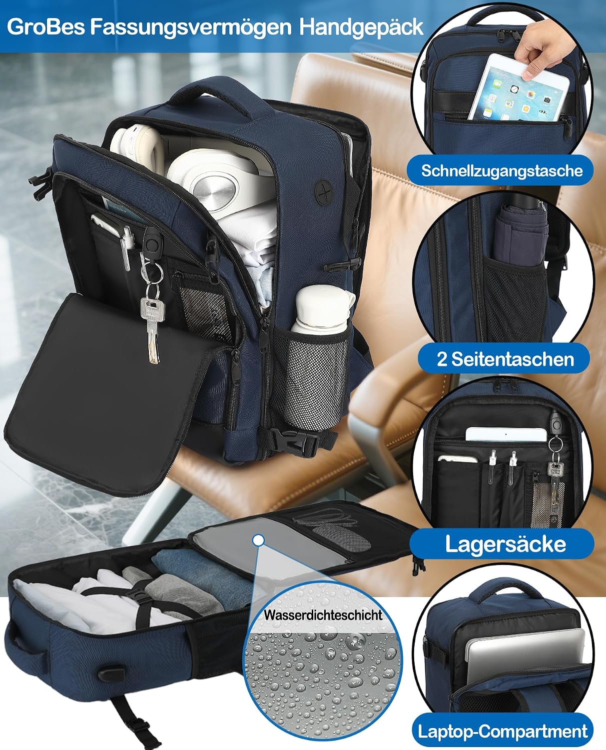 Thumbnail 3 de KLOSTAIN Handgepäck-Rucksack 40 x 20 x 25 cm (20 l) für Ryanair & Co. – Tiefblau