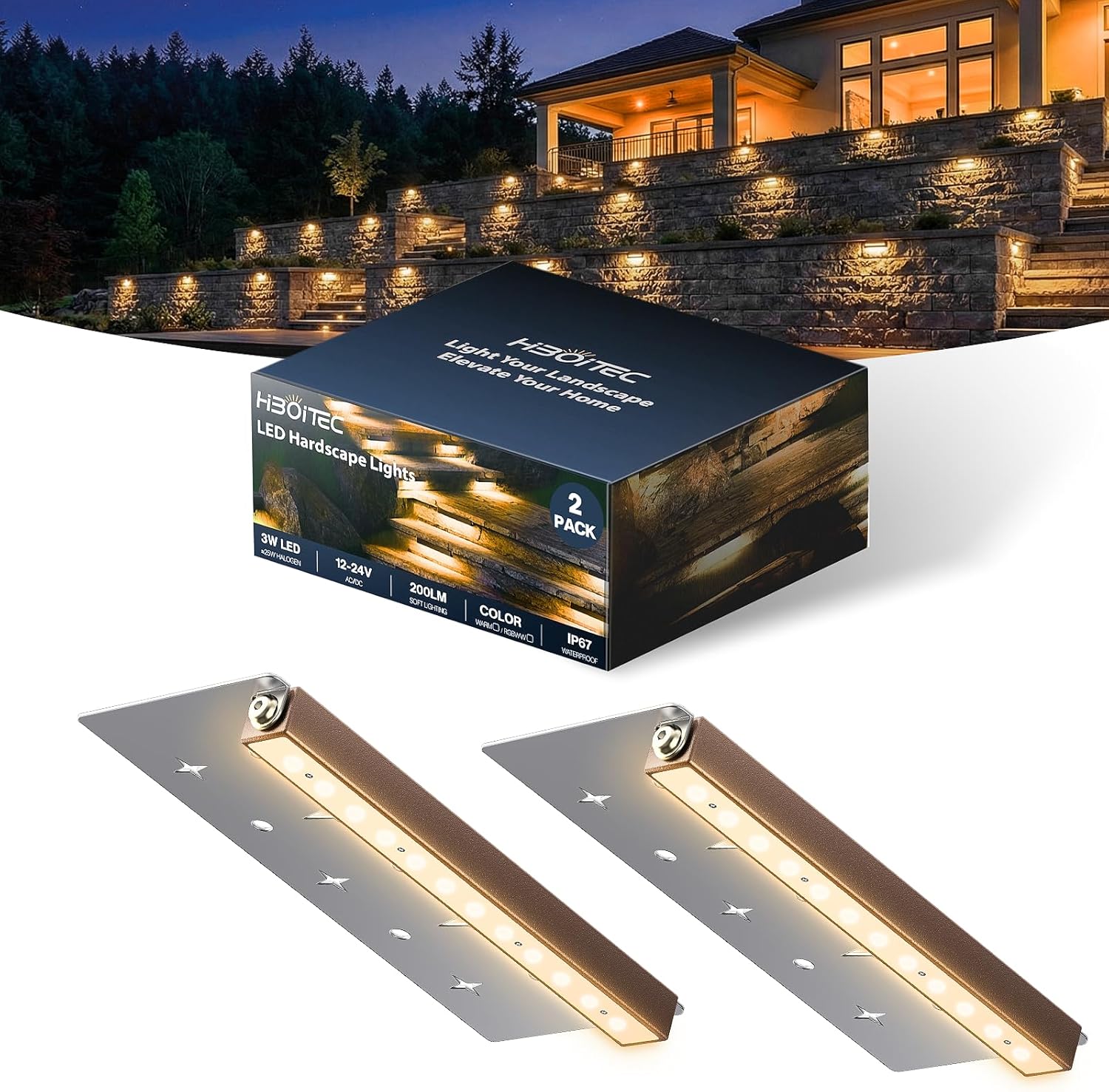 Detalle de HIBOITEC PFS-1002 Hardscape Lights, 2-Pack, 12–24V AC/DC, 2900K