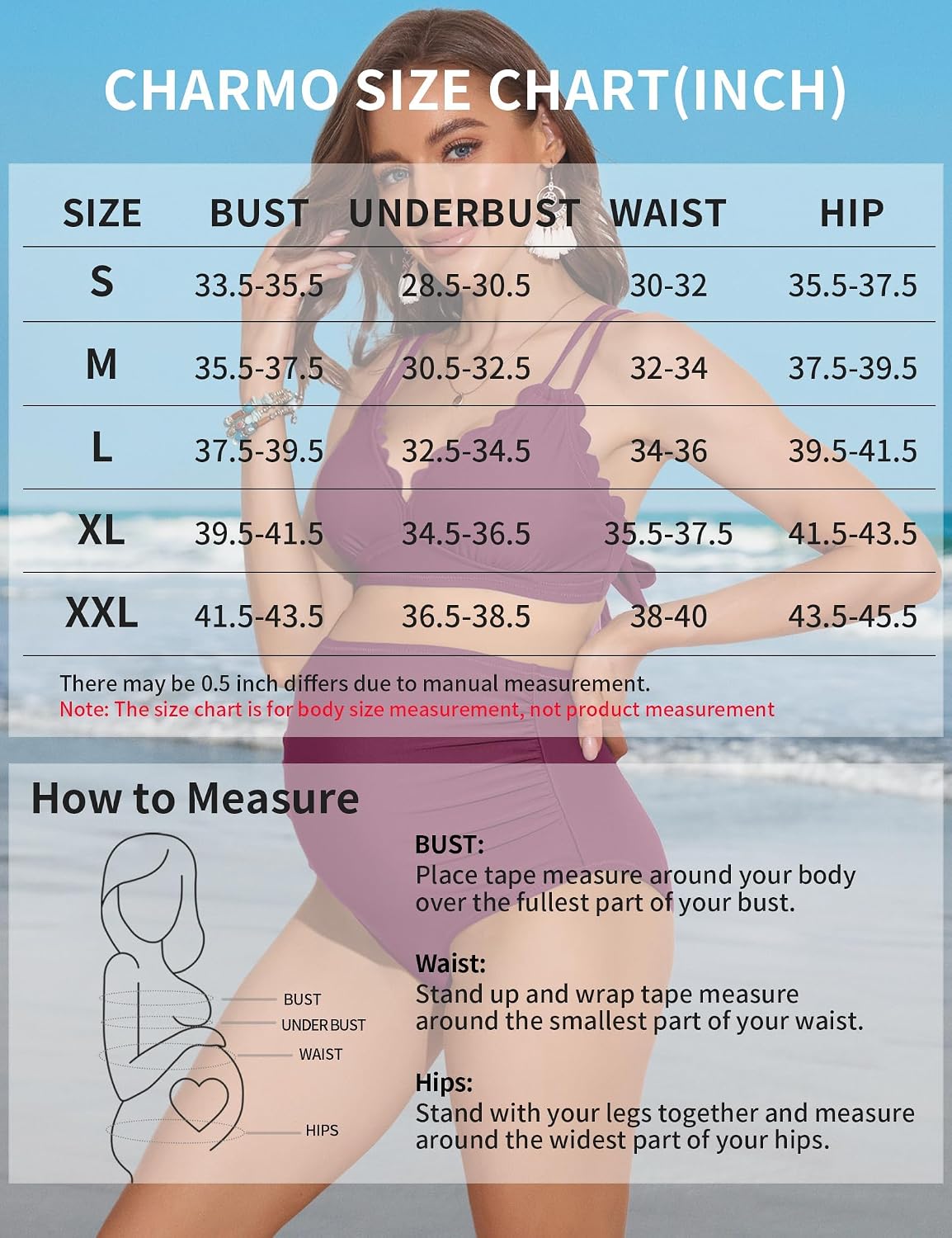 Detalle 2 de Charmo High Waisted Maternity Swimsuit Bikini Set with V Neck and Scalloped Trim