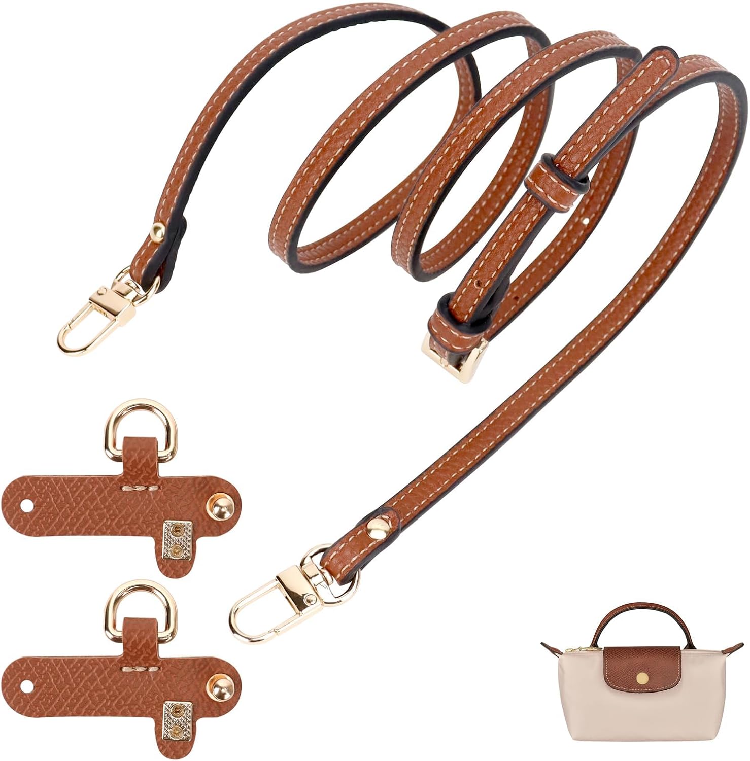 Detalle de GADITIEK Leather Brown adjustable strap for Longchamp mini bag