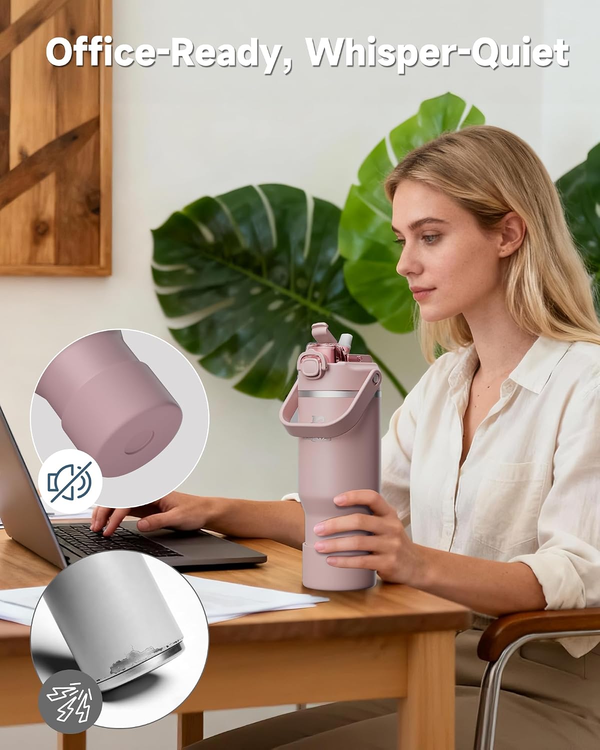 Detalle de KANGZY 1L/32oz Metal Water Bottle with Straw & Spout Lid – Vacuum Insulated Stainless Steel Flask (Pink)