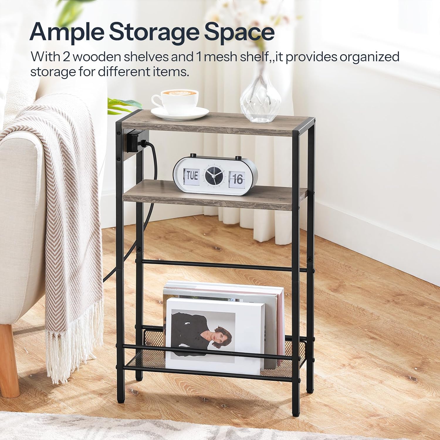 Thumbnail 3 de HOOBRO Slim Side Table with Charging Station (EBG102KBZ01) – Narrow 3-Tier Bedside Table for Small Spaces
