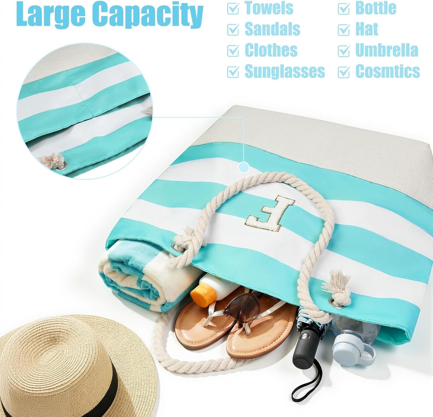 Detalle de Vavabox Initial Beach Bag with Zip and Pockets — Personalised Large Beach Tote Set