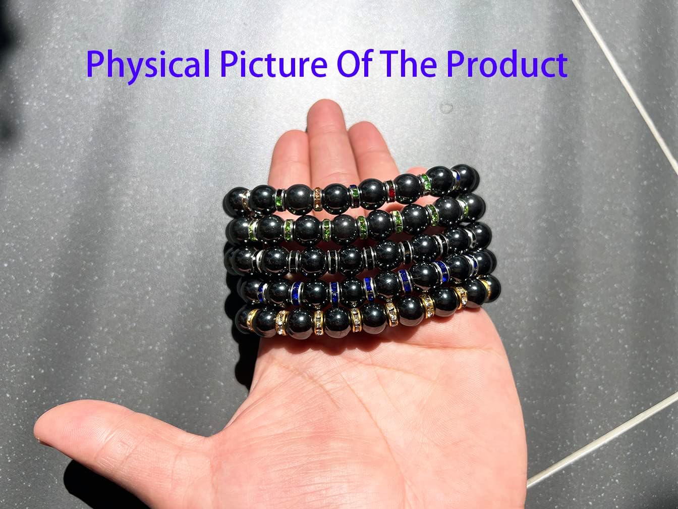 Detalle 2 de Apocalyptic-K Magnetic Hematite Bracelet with Rhinestones (6/8/10MM) – Eliminate Static Electricity