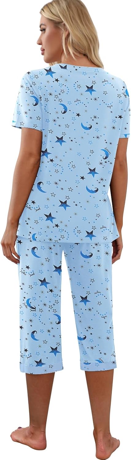 Thumbnail 4 de PrinStory Women's Pajama Set Short Sleeve Shirt and Capri Pants Sleepwear with Pockets
