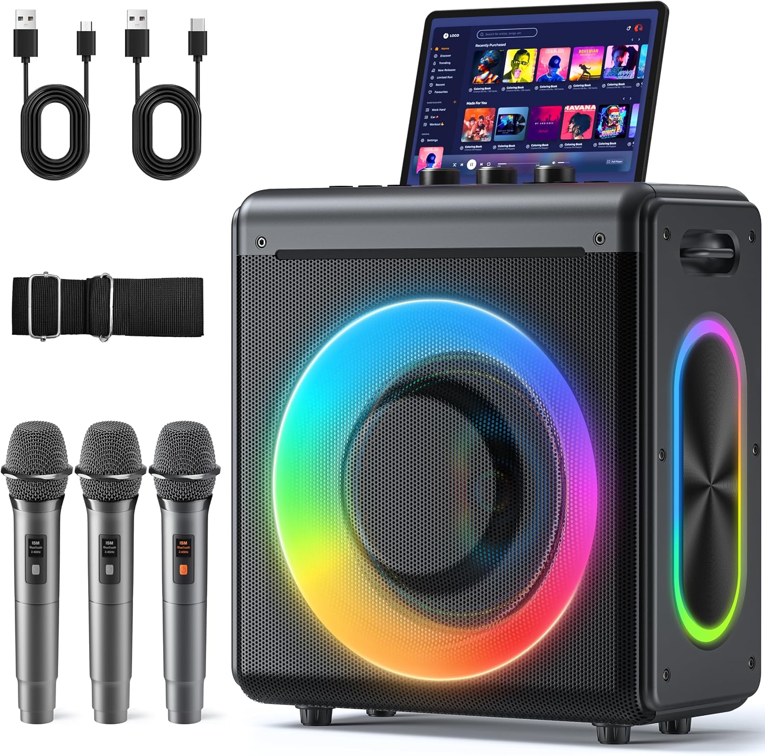 Detalle de VERKB T-09 Karaoke Machine, 200W Speaker, 3 Wireless Mics, Bluetooth 5.3