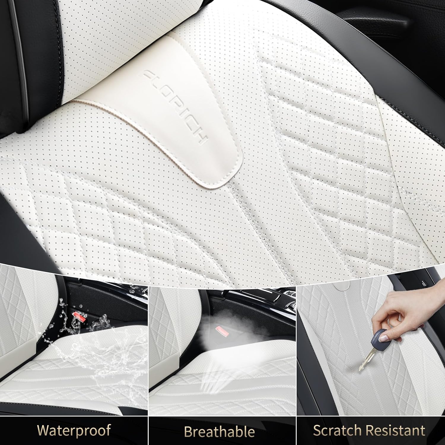 Thumbnail 5 de FLORICH Waterproof Front Car Seat Cover (Faux Leather) — Universal Fit for Most Cars, SUVs, Trucks, Pickups, Black & White