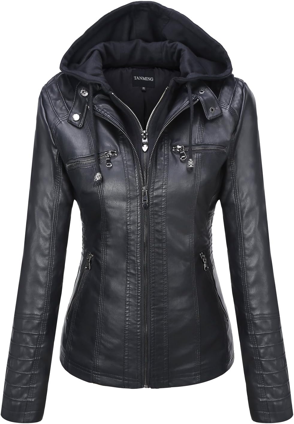 Detalle de Tanming Womens Faux Leather Jacket Hooded moto coat