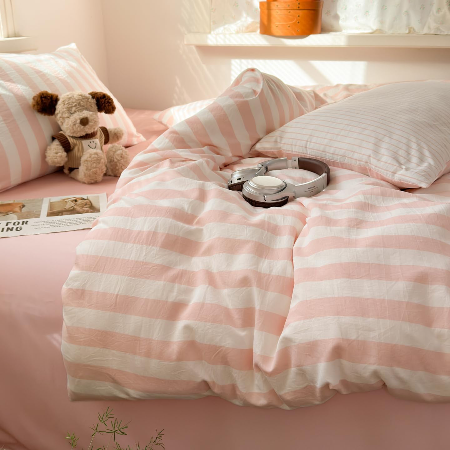 Thumbnail 6 de Freyamy Parure de lit 240x260 cm en microfibre rayures rose et blanc avec fermeture éclair