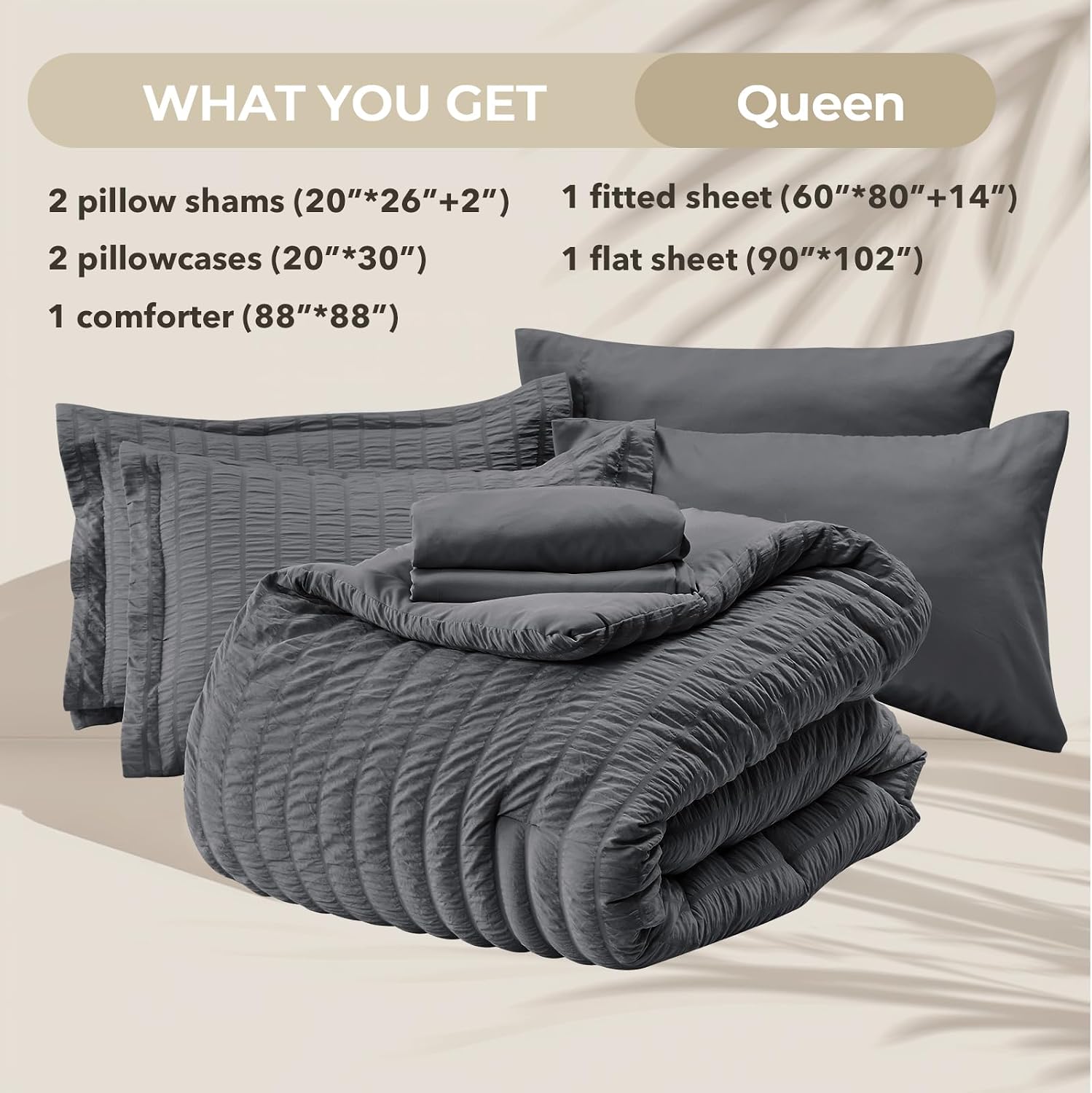 Detalle de HYMOKEGE Queen Seersucker Comforter Set, 7-Piece, Dark Grey Microfiber