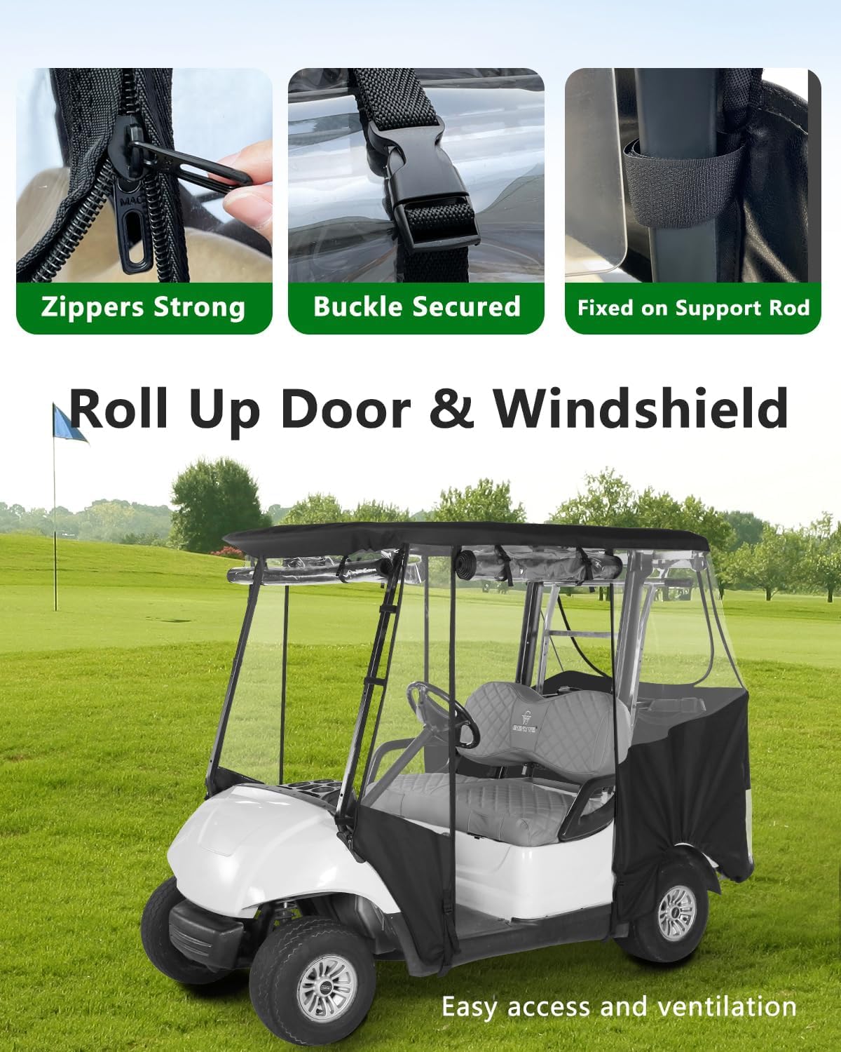 Detalle de CHENGWEI Golf Cart Rain Cover 2 Passenger for Yamaha G29 Drive – 4-Sided Roll Up Enclosure