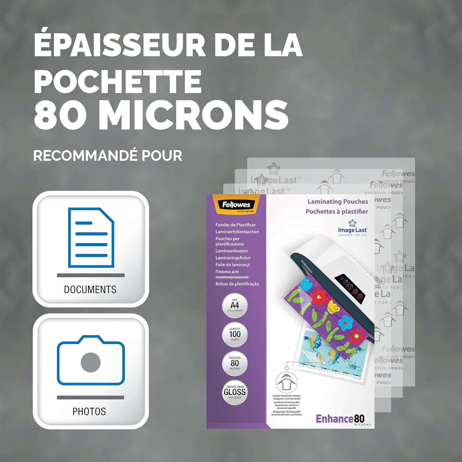 Thumbnail 2 de Fellowes Pochette de Plastification A4 80 microns – Pack de 100 feuilles plastifiantes, finition brillante