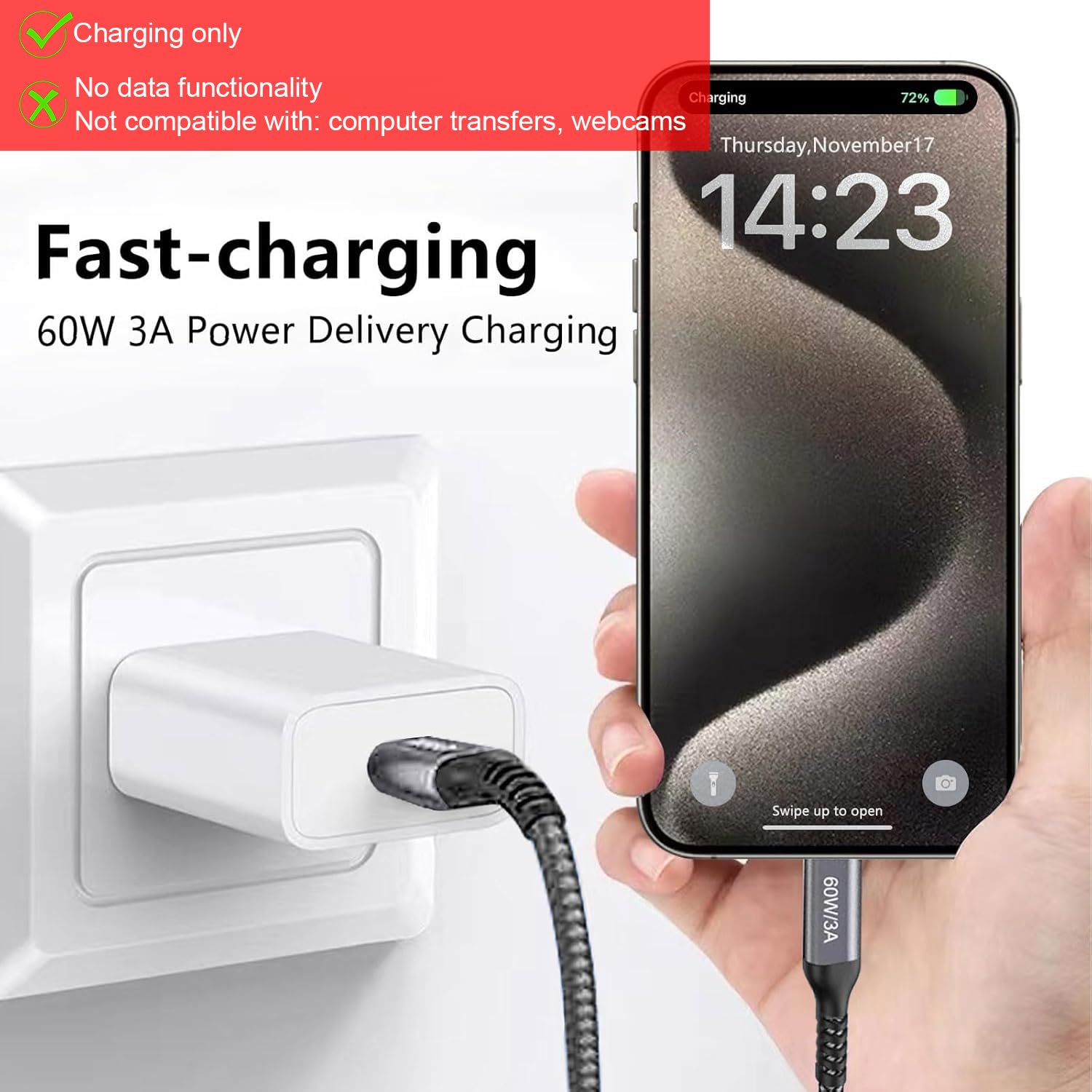 Detalle de 30FT USB-C to USB-C Cable 60W – Extra Long Charging Cable for Day-to-Day Power