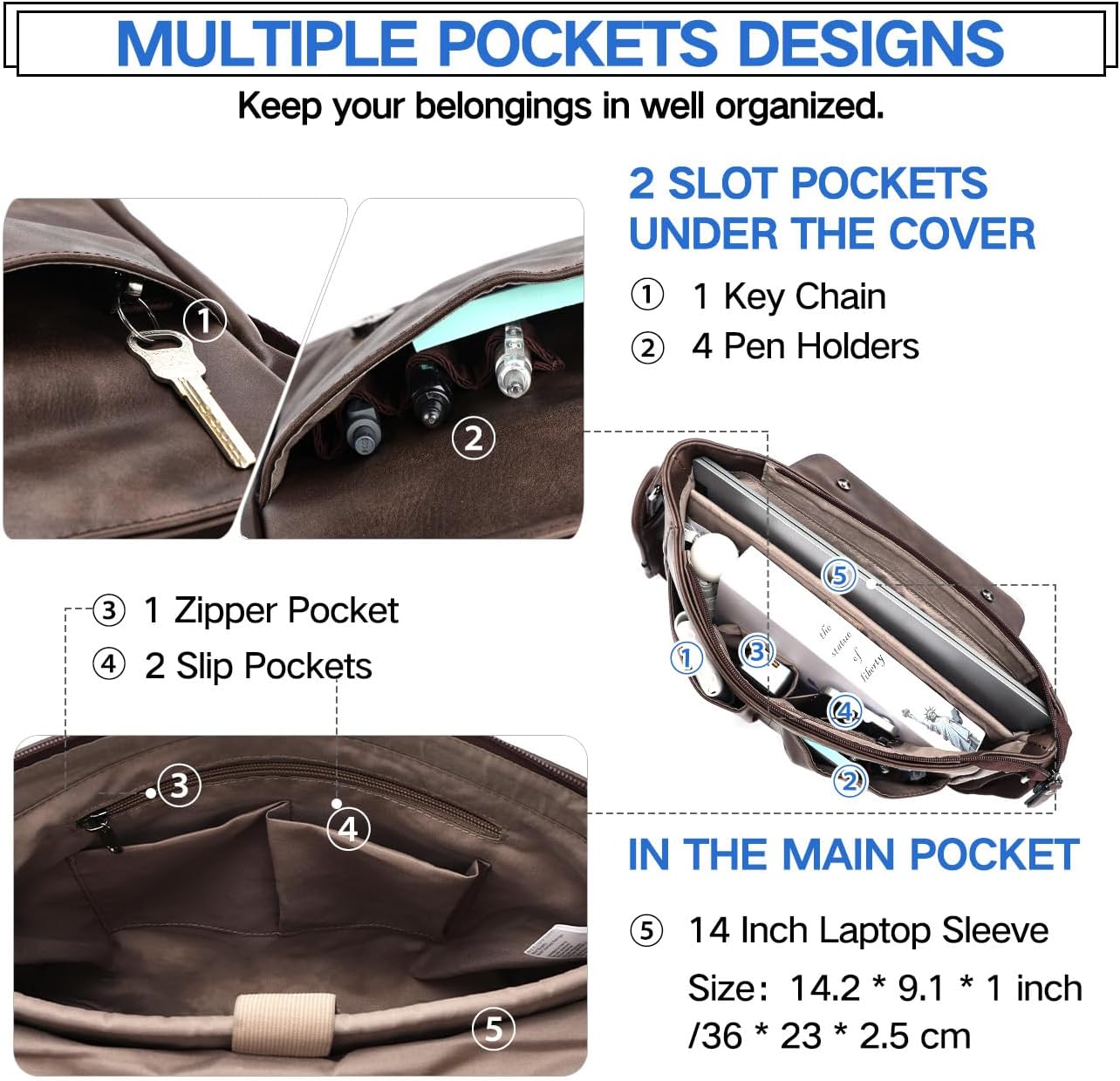 Thumbnail 2 de VX VONXURY Umhängetasche für Laptop bis 14 Zoll (veganes Leder) – Messenger Bag für Arbeit und Schule