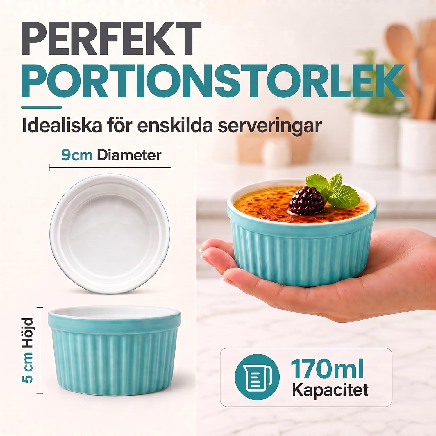 Detalle 1 de Dimono ramekins i keramik, set om 8 – 170 ml, turkosa och ugnssäkra till 350 °C