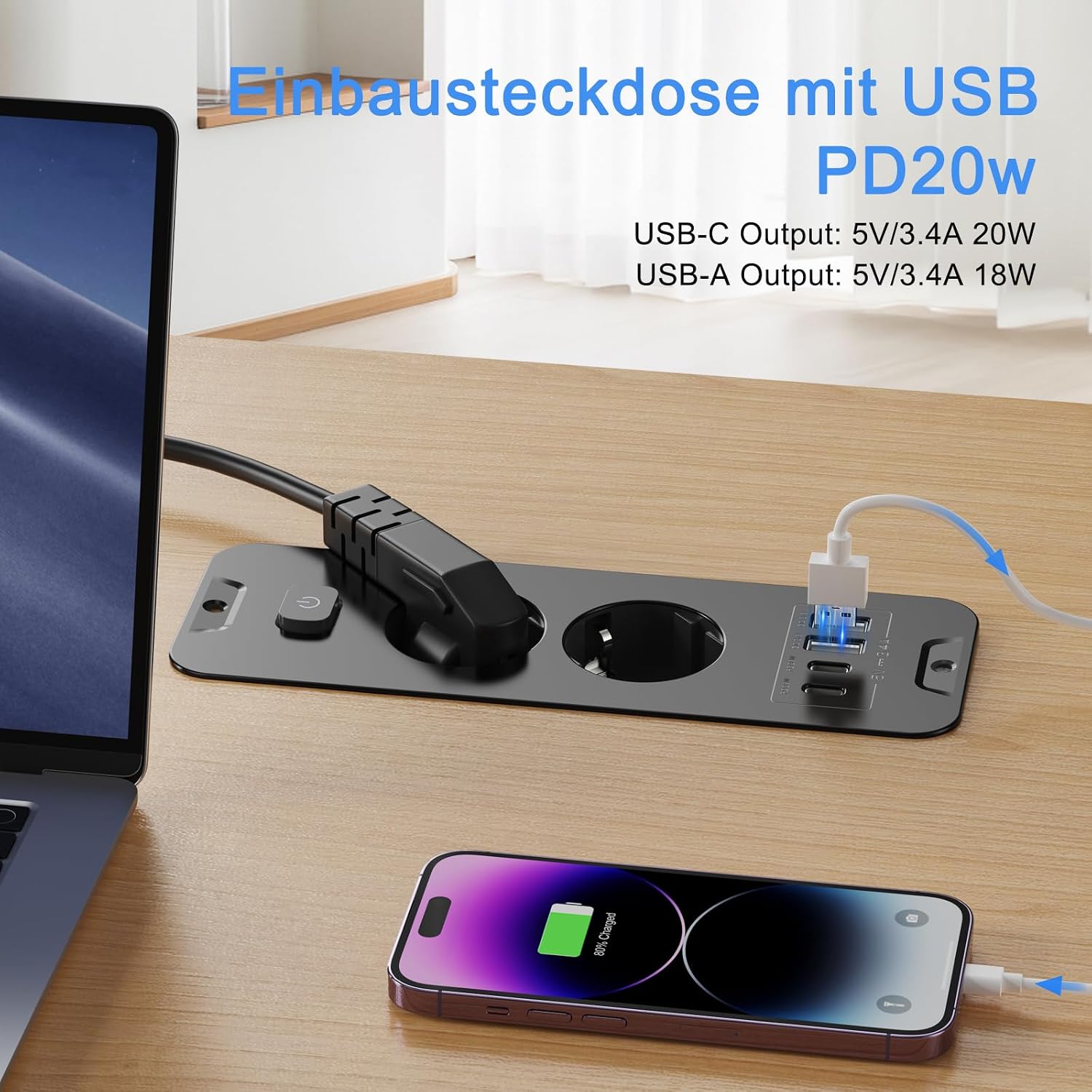 Detalle de Versenkbare Steckdose 2-Fach mit USB-C/USB-A – Einbau-Steckdosenleiste für Tischplatten