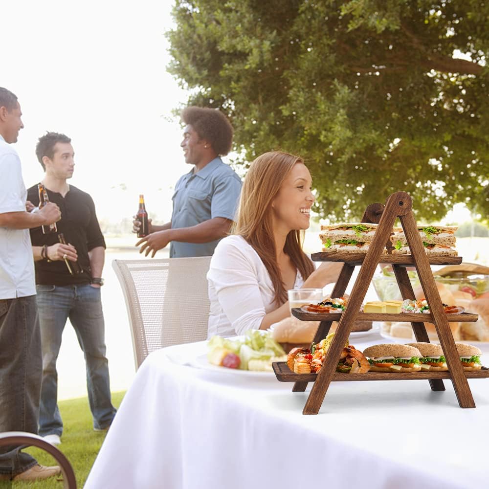 Detalle de Manspdier Wood 3-Tier Serving Tray: Rustic Rectangular Wooden Cake Stand for Parties