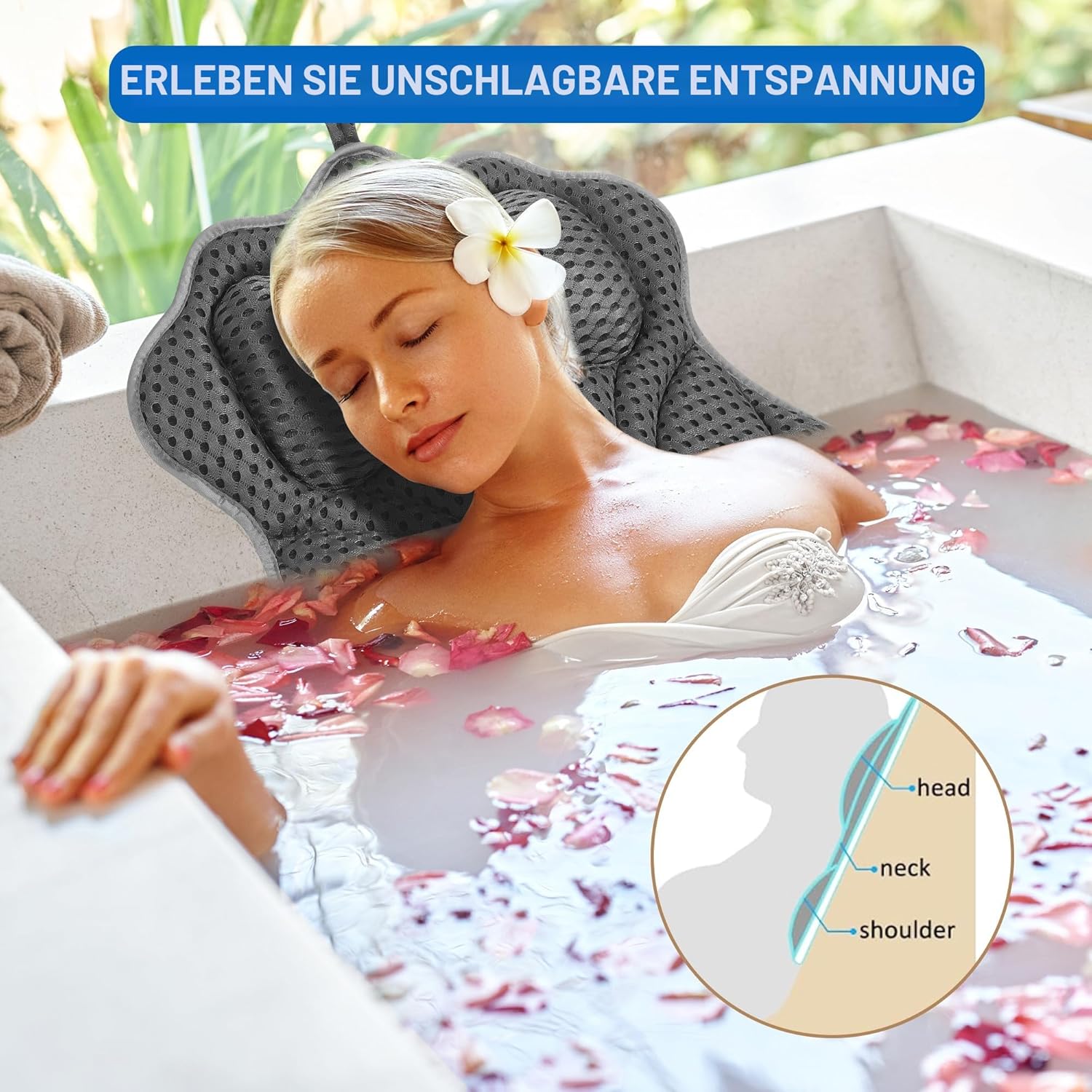 Thumbnail 6 de Badewannenkissen 4D Mesh mit 6 Saugnäpfen – Komfortables Badewannen-Kissen für Nacken, Schultern und Rücken (Grau)