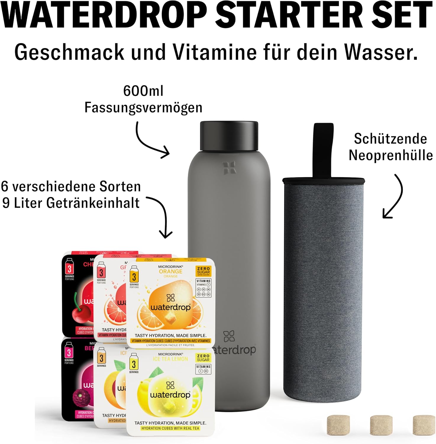 Detalle de waterdrop® Glasflasche 600 ml inkl. 18 zuckerfreie Drops – Probierpaket, Geschenk für Frauen
