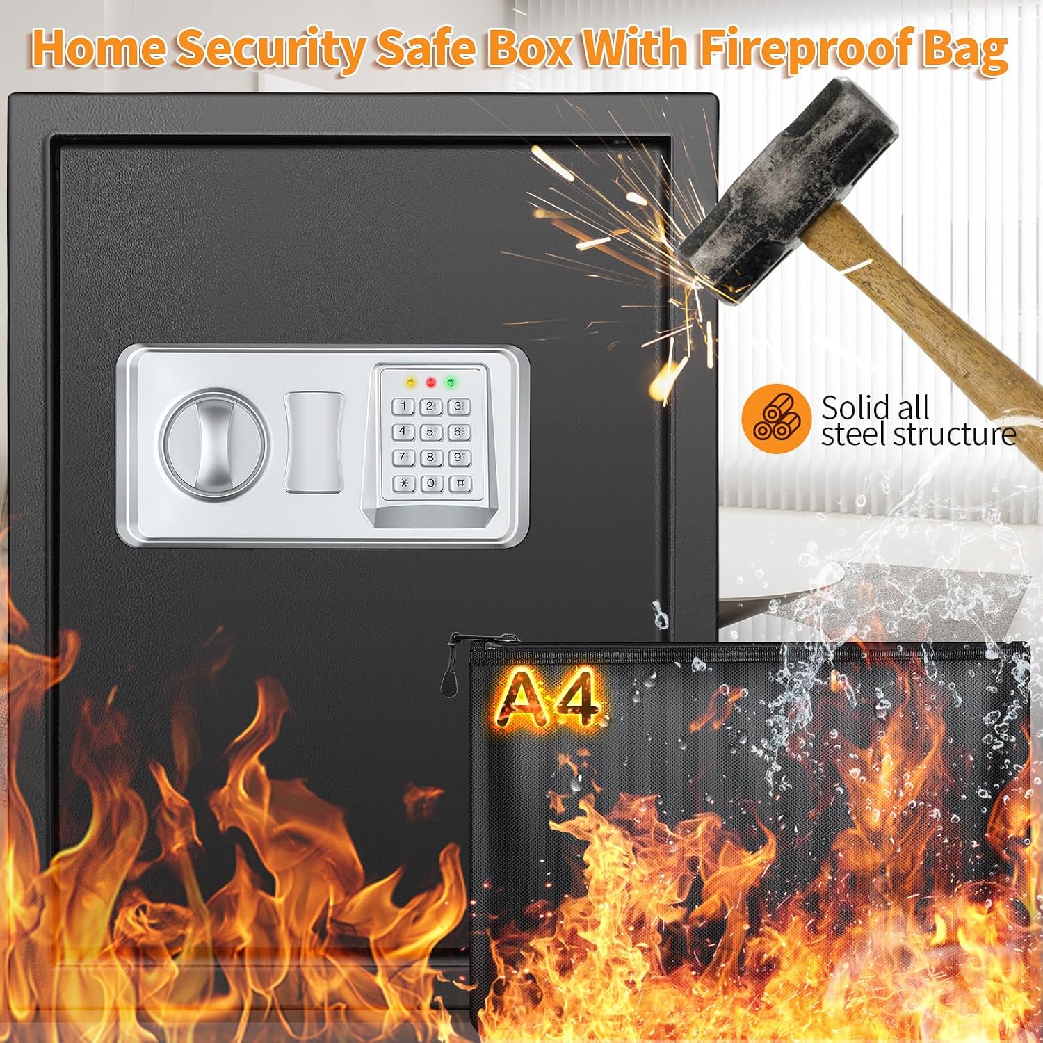 Thumbnail 1 de Mejasg Large Fireproof Safe for Home (52L) with Alarm, Silent Mode & A4 Fireproof Bag