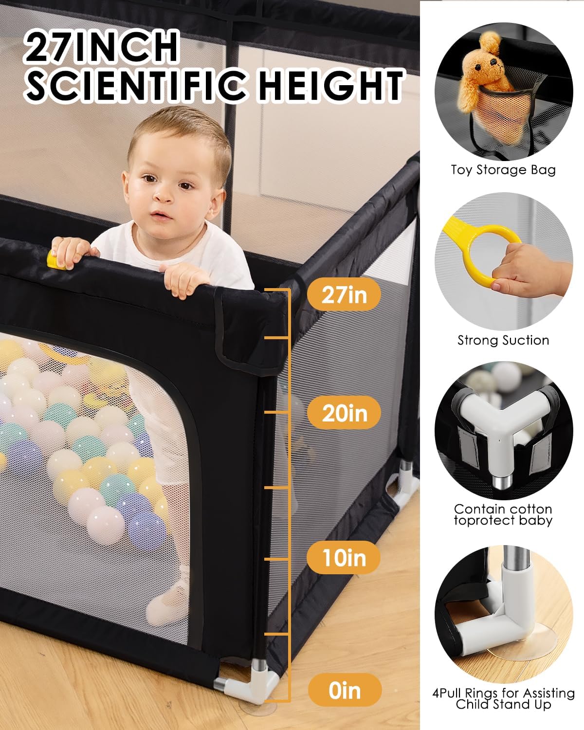 Thumbnail 4 de Baby Playpen Extra Large Baby Play Yard (130 x 130 x 66cm) with Anti-Slip Base, BPA-Free, Indoor & Outdoor – Black