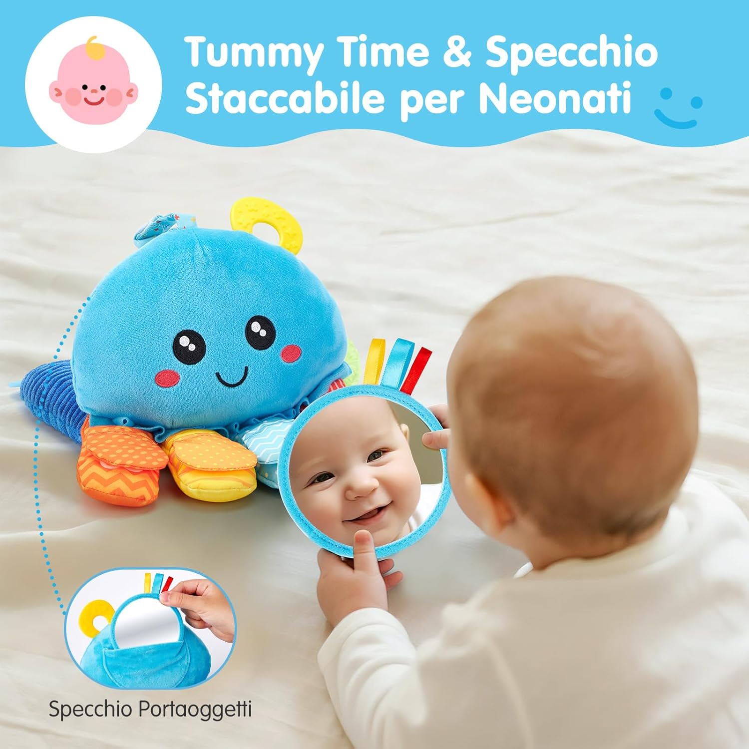 Thumbnail 6 de Peluche polpo multisensoriale Hahaland Giochi Montessori (6 mesi) con sonaglio, specchio e anelli da dentizione