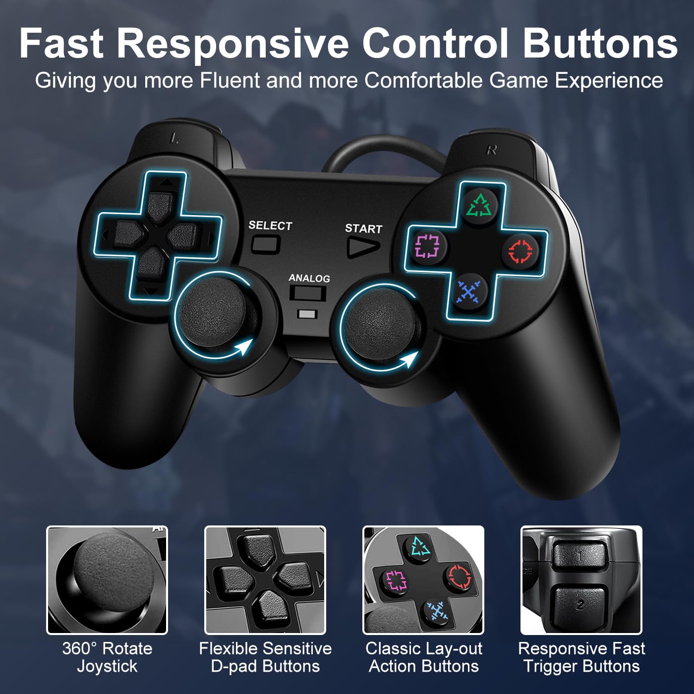Detalle de HaeBorl PS2 Controller, 2 Pack Wired Controller for PS2/PS2 Slim/PS1 with Dual Vibration