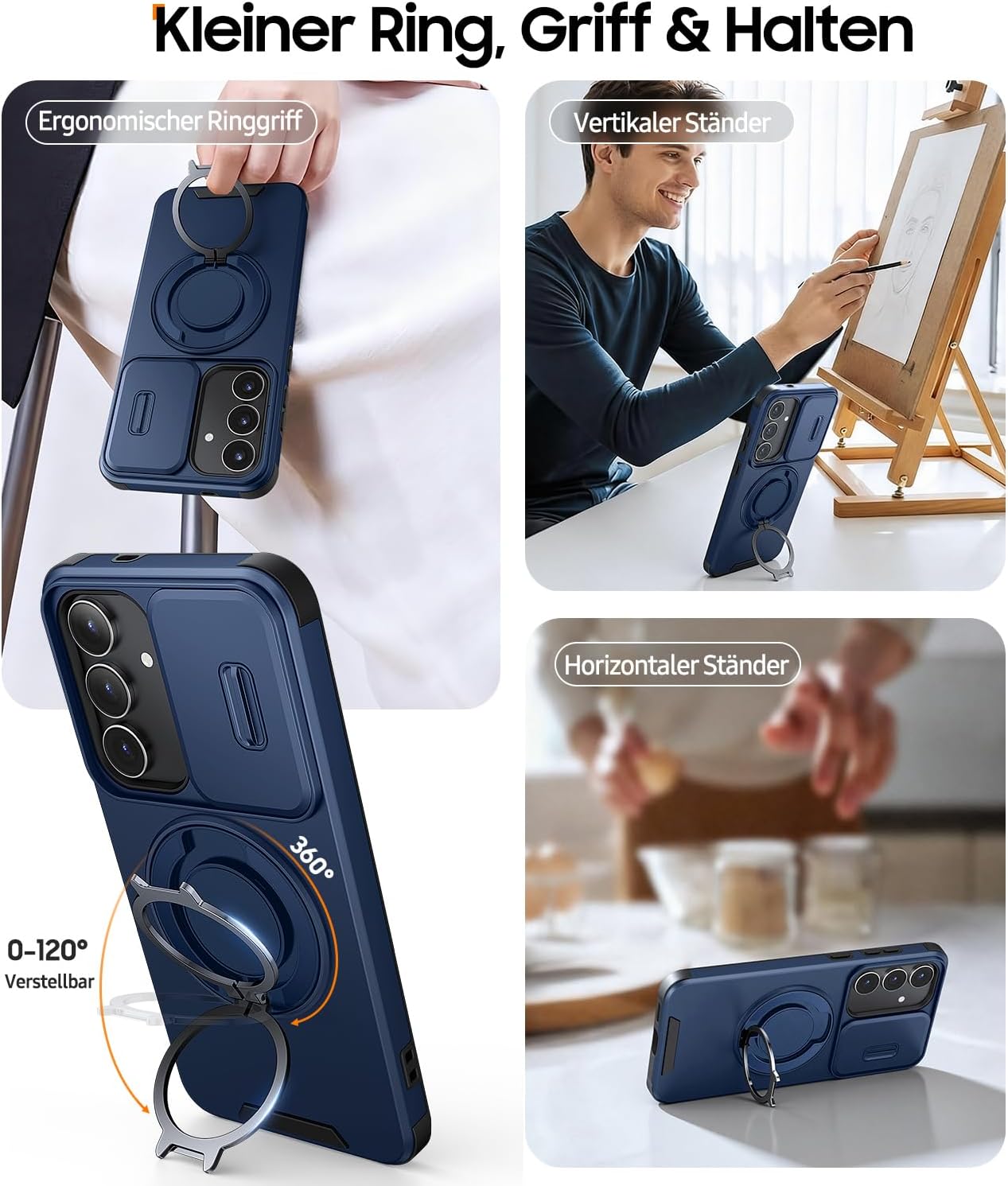 Detalle de AOUIA Hülle für Samsung Galaxy S25 FE mit 2× Panzerglas, Kameraschutz & 360° Ring-Kickstand – stoßfest, blau