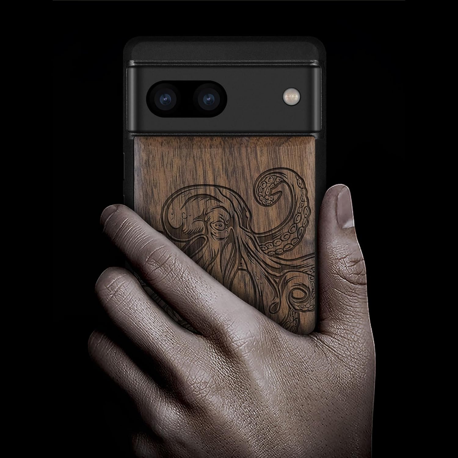 Thumbnail 1 de Carveit Wood Case for Pixel 8a — Natural Wood & Black Soft TPU, Walnut Octopus Engraving