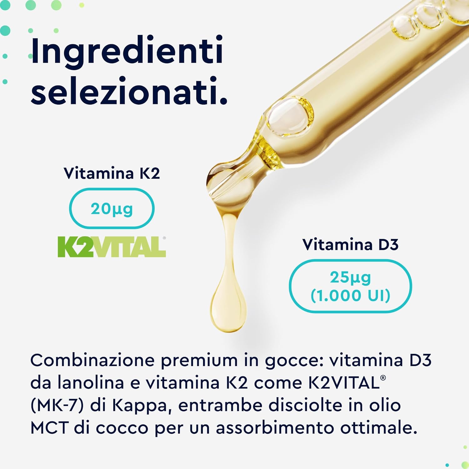 Detalle de Vitamina D3 + K2 in Gocce Gloryfeel 50 ml: alta assunzione giornaliera in olio MCT