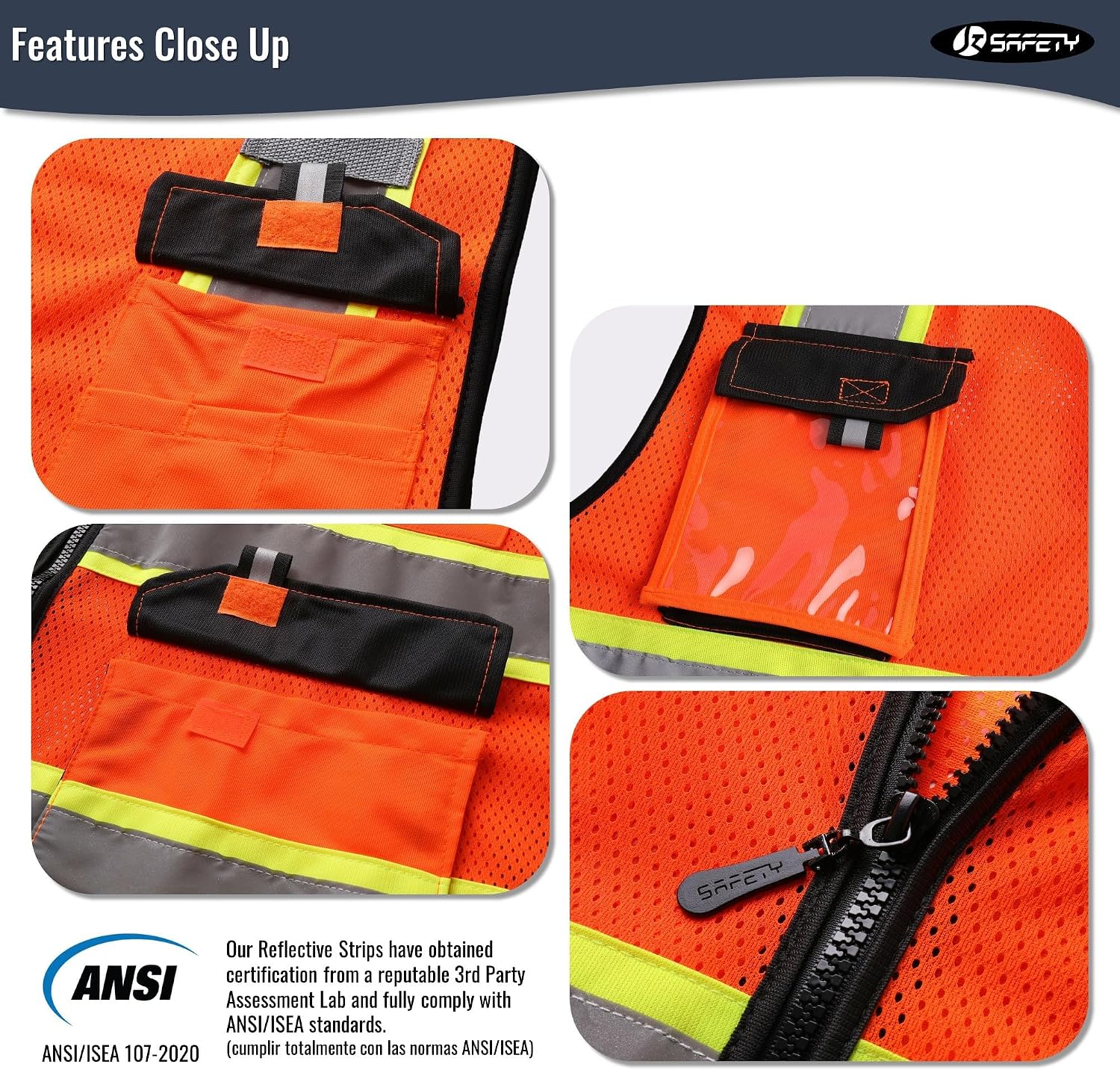 Detalle de JKSafety JK220 Safety Vest, Orange Small Mesh with Reflective Strips and Pockets