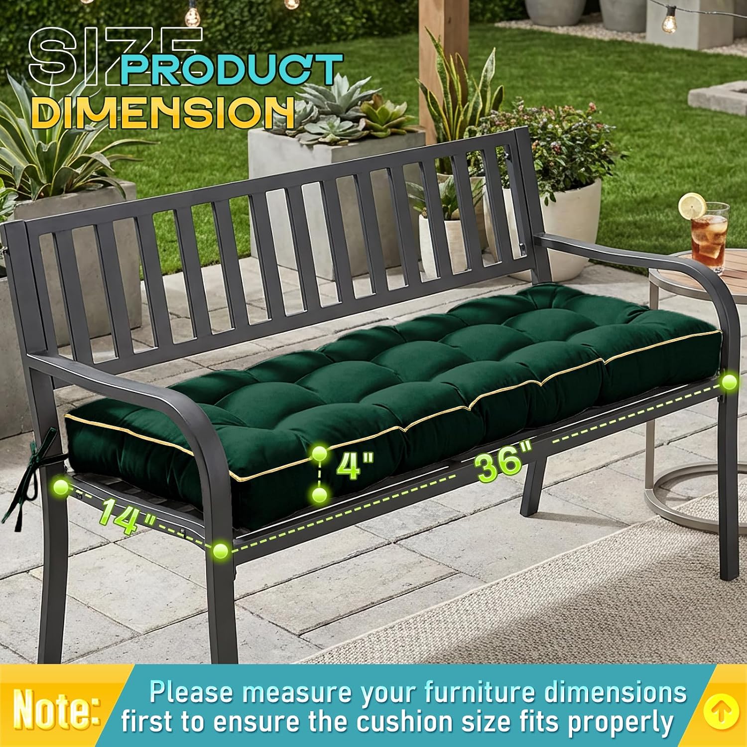 Detalle de TaiBest TB-OC Outdoor Bench Cushion, Green Tufted 36 x 14 x 4 in.
