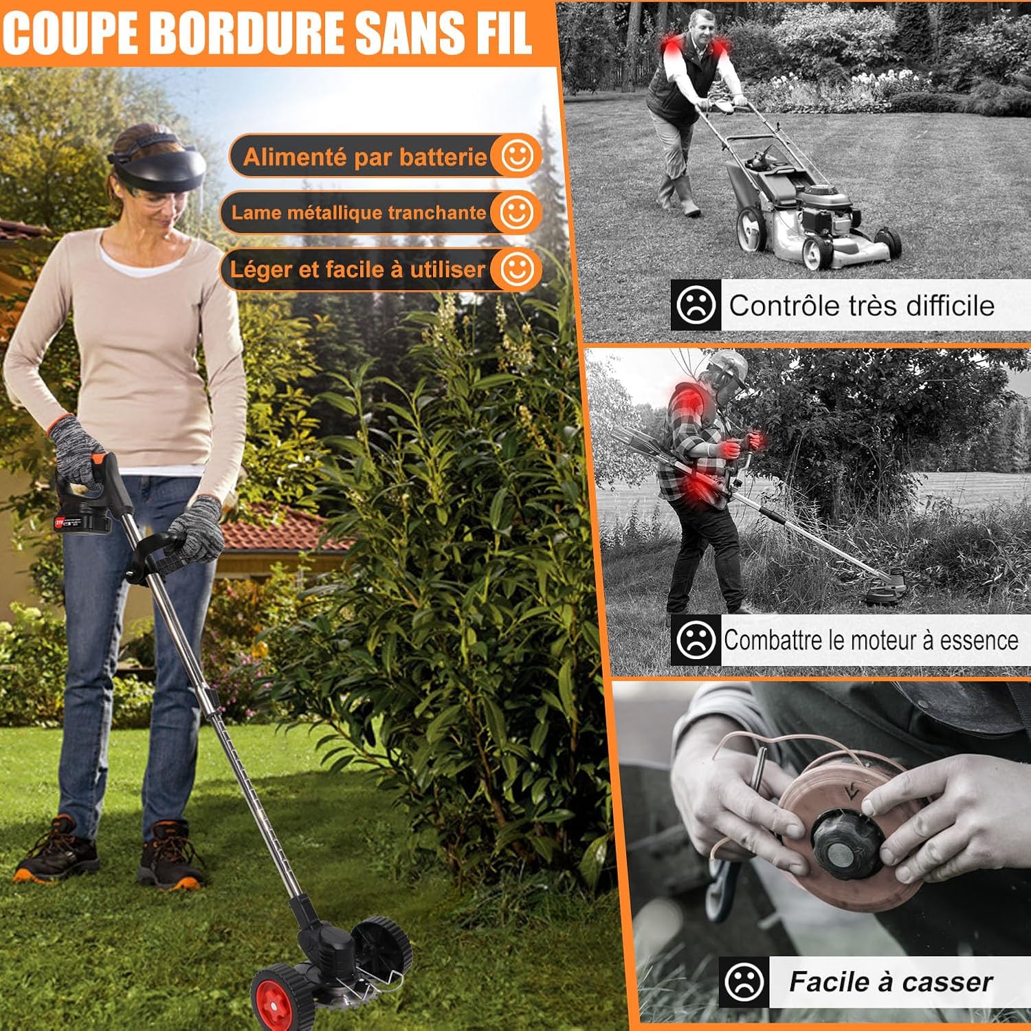 Thumbnail 6 de DéBroussailleuse à Électrique Sans Fil 21V – 2 Batteries + Chargeur Rapide, 4 Lames et Roues (Élagage et Taille des Bordures)