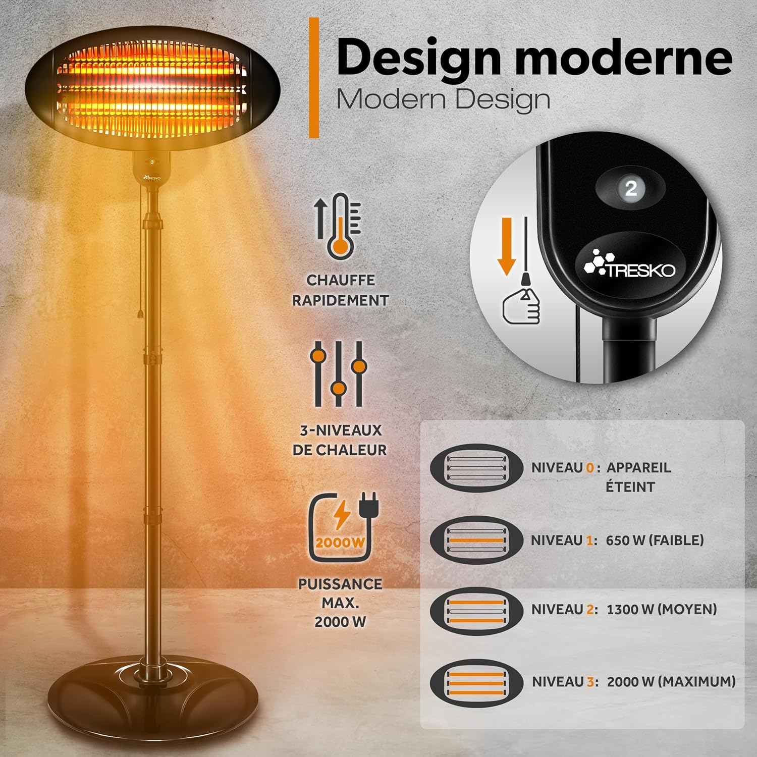 Detalle 2 de TRESKO Radiateur infrarouge sur pied 2000W