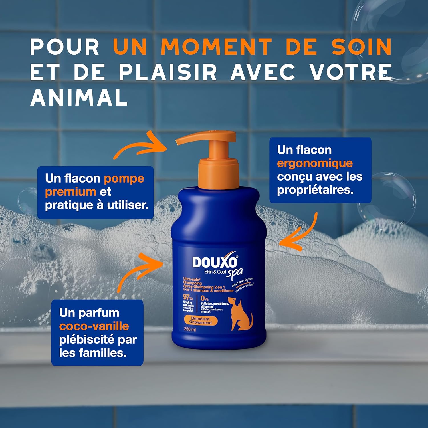 Detalle de DOUXO Skin & Coat Spa – Shampoing 2 en 1 démêlant pour chiens, 250 ML, nettoie et hydrate en profondeur peau et pelage