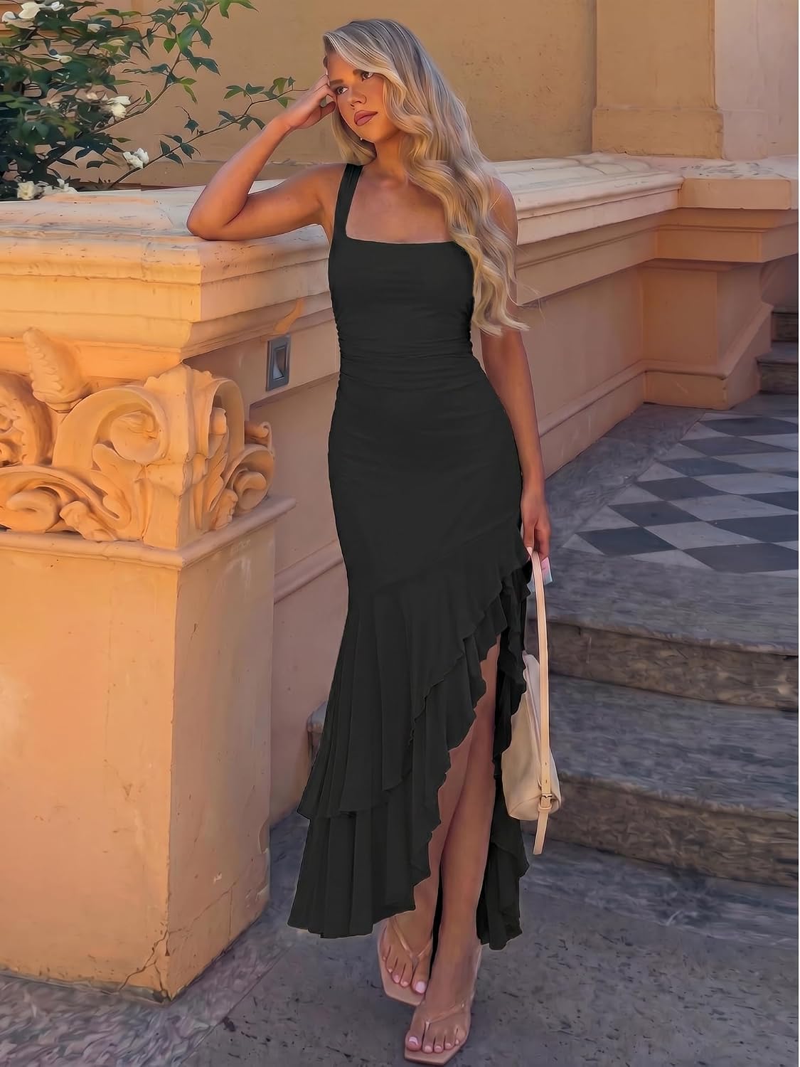 Detalle de BORIFLORS Women's Elegant Bodycon Ruched Maxi Cocktail Dress