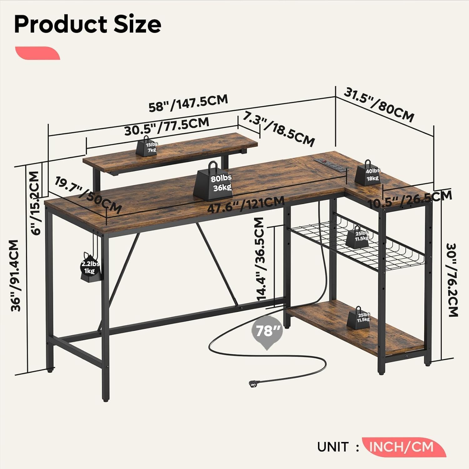 Detalle de Bestier L-shaped desk 147cm with power