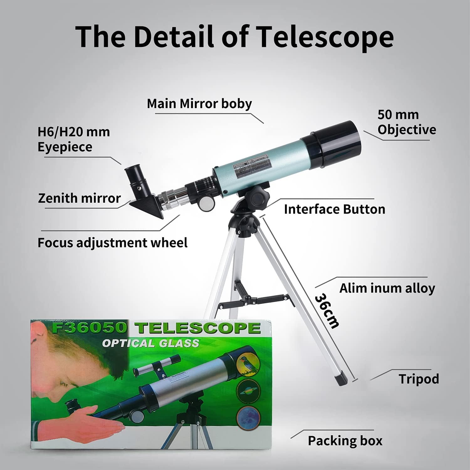 Detalle de Misilmp Kids Astronomy Telescope 360/50mm 90X Outdoor Monocular Space Telescope with Tripod – Blue