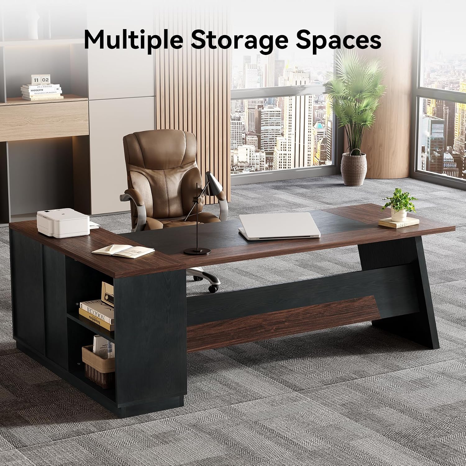 Detalle 2 de LITTLE TREE NY310 Executive Office Desk, 78-Inch L-Shape with 3-Drawer Cabinet