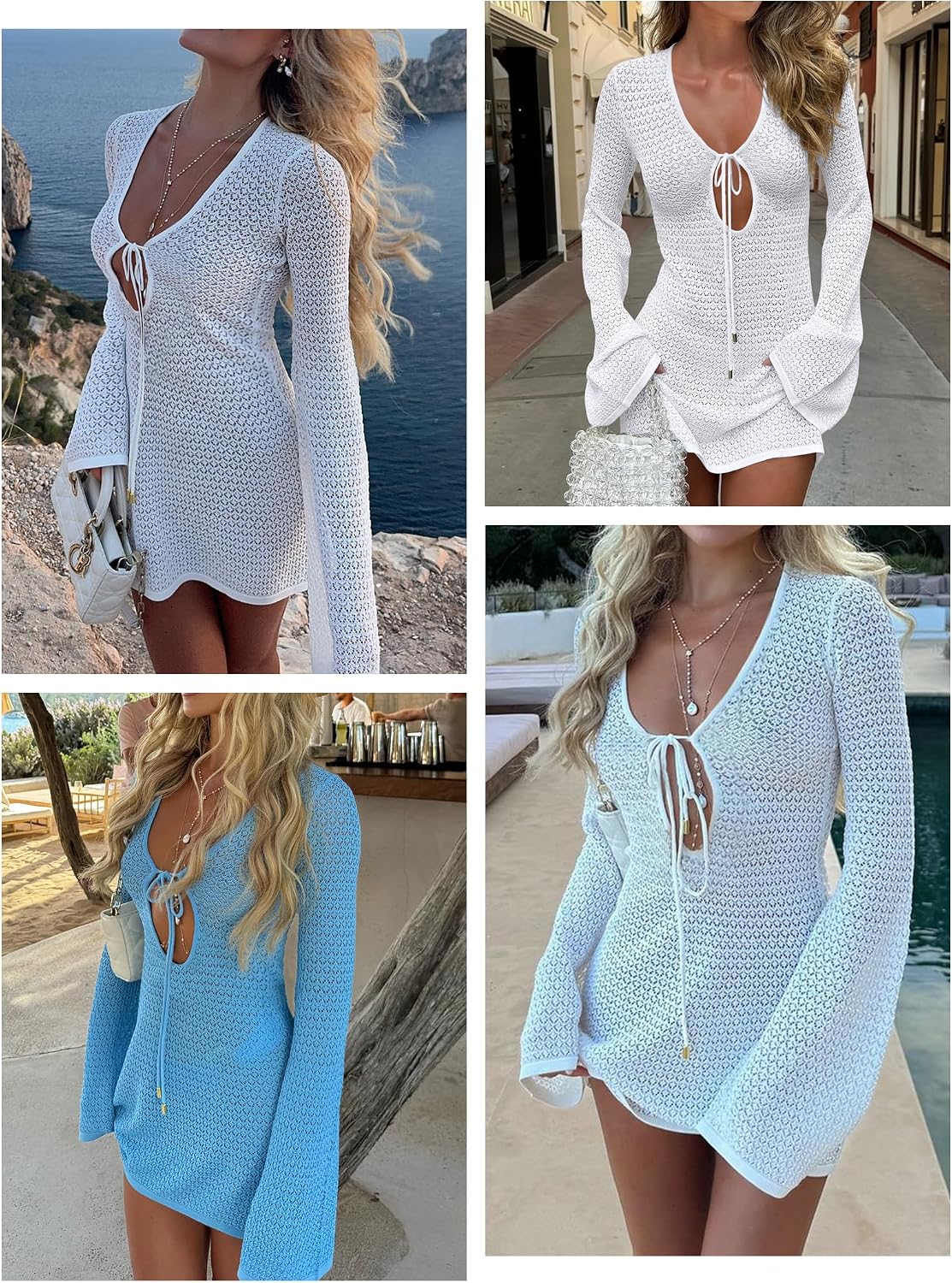 Thumbnail 1 de ANRABESS Women’s Crochet Swimsuit Cover Up: V-Neck Mesh Knit Beach Dress with Long Sleeves