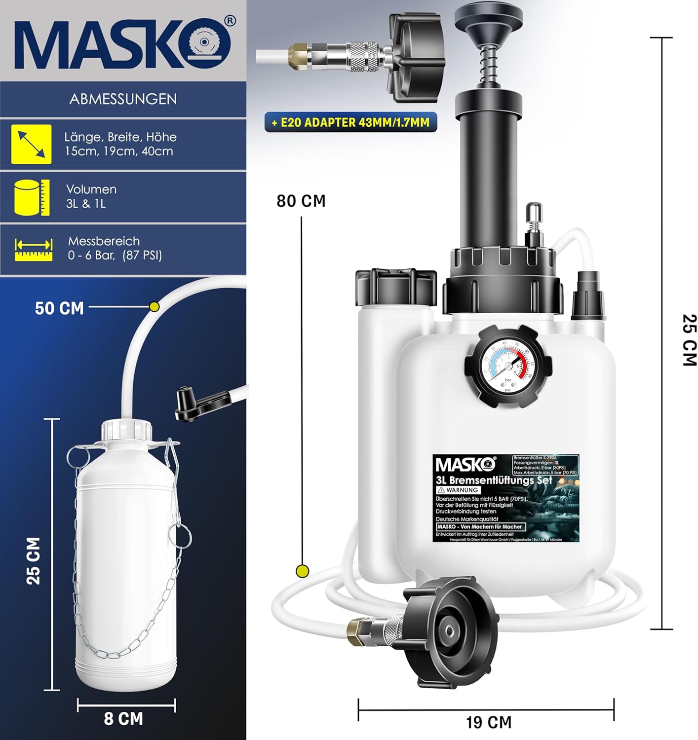 Thumbnail 6 de MASKO® Bremsenentlüftungsgerät Auto – Bremsflüssigkeits-Wechsel Set mit Handpumpe, 3L + 1L Absaugbehälter, für Scheiben- und Trommelbremsen