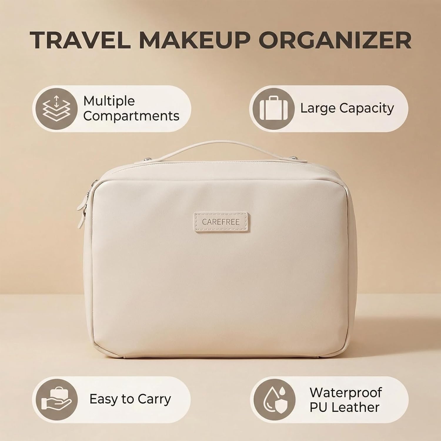 Thumbnail 3 de Luckyan Makeup Bag Large Capacity Travel Toiletry Bag – White PU Leather with 6-Zone Organisation