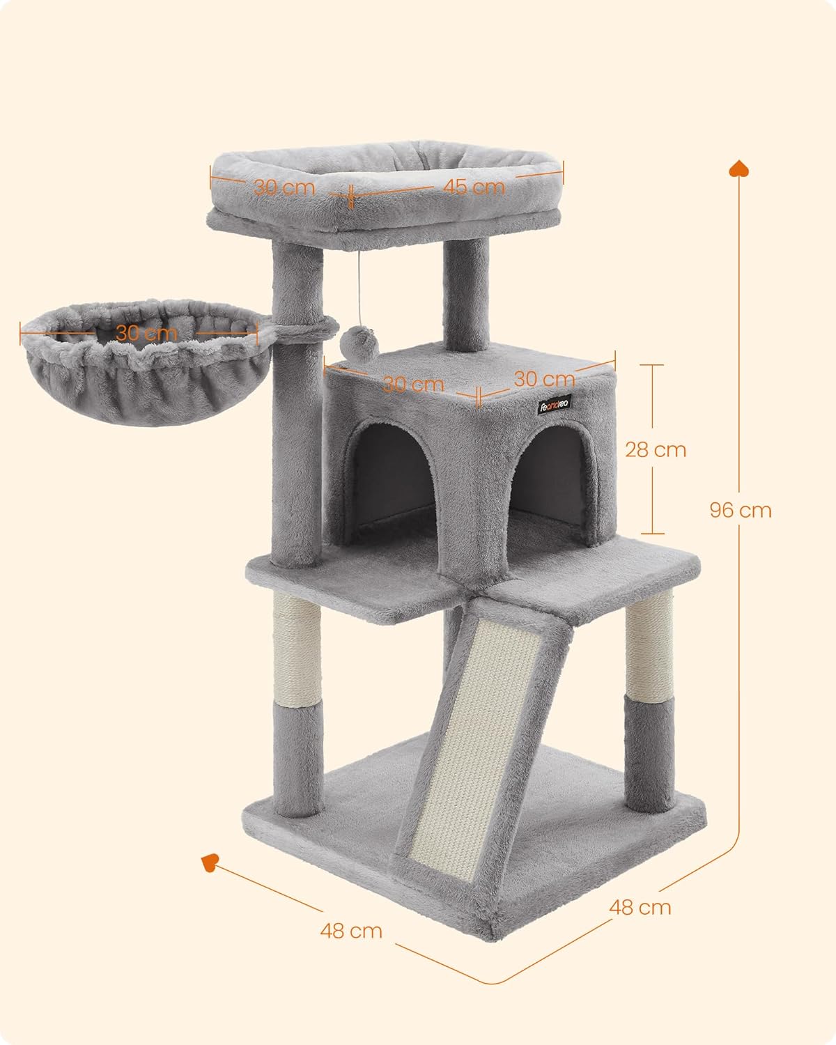 Detalle de Feandrea Kratzbaum 96 cm hoch – großer Katzenbaum mit Höhle, Hängematte und Kratzrampe
