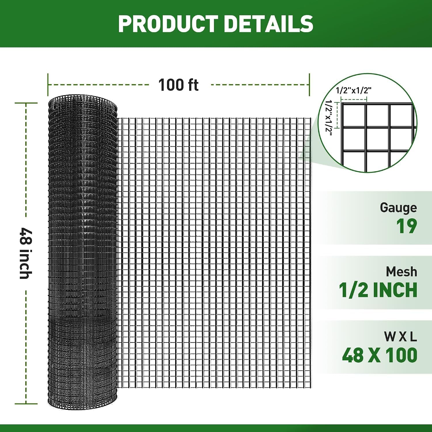 Detalle 1 de Black Hardware Cloth 1/2-Inch, 48" x 100', 19-Gauge PVC-Coated Wire Mesh