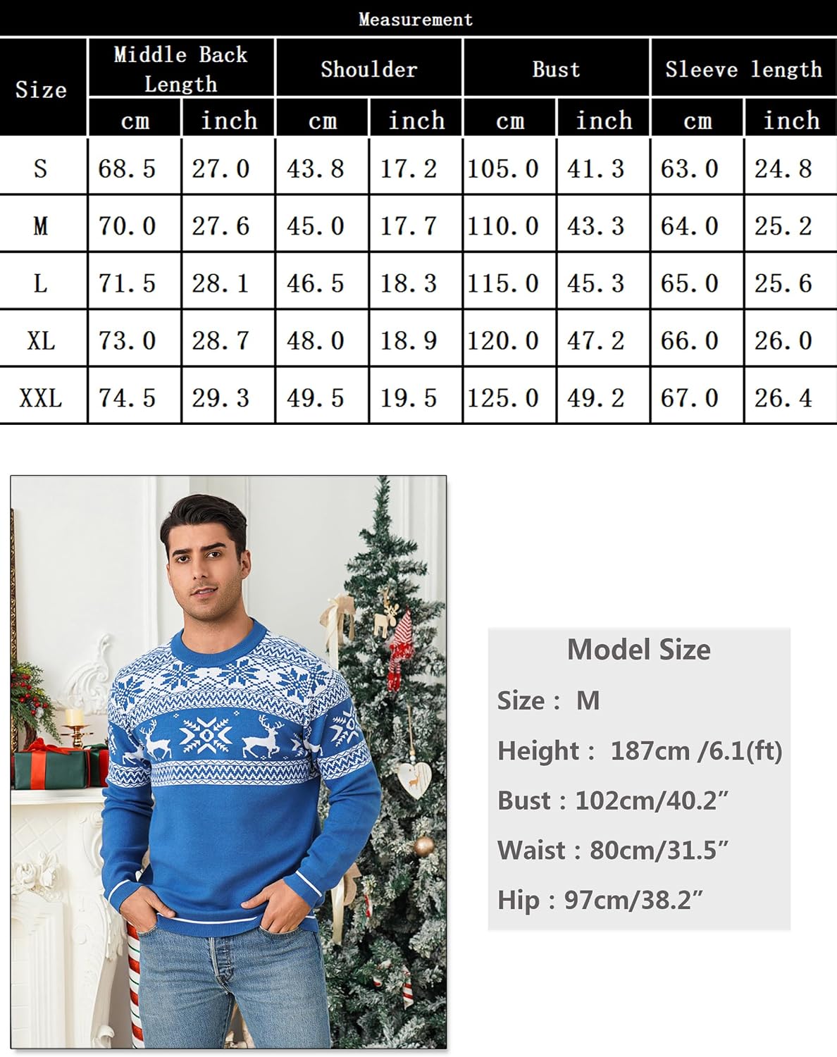 Detalle 2 de Jahetuul Pull de Noël homme à col rond : renne et flocon, manches longues