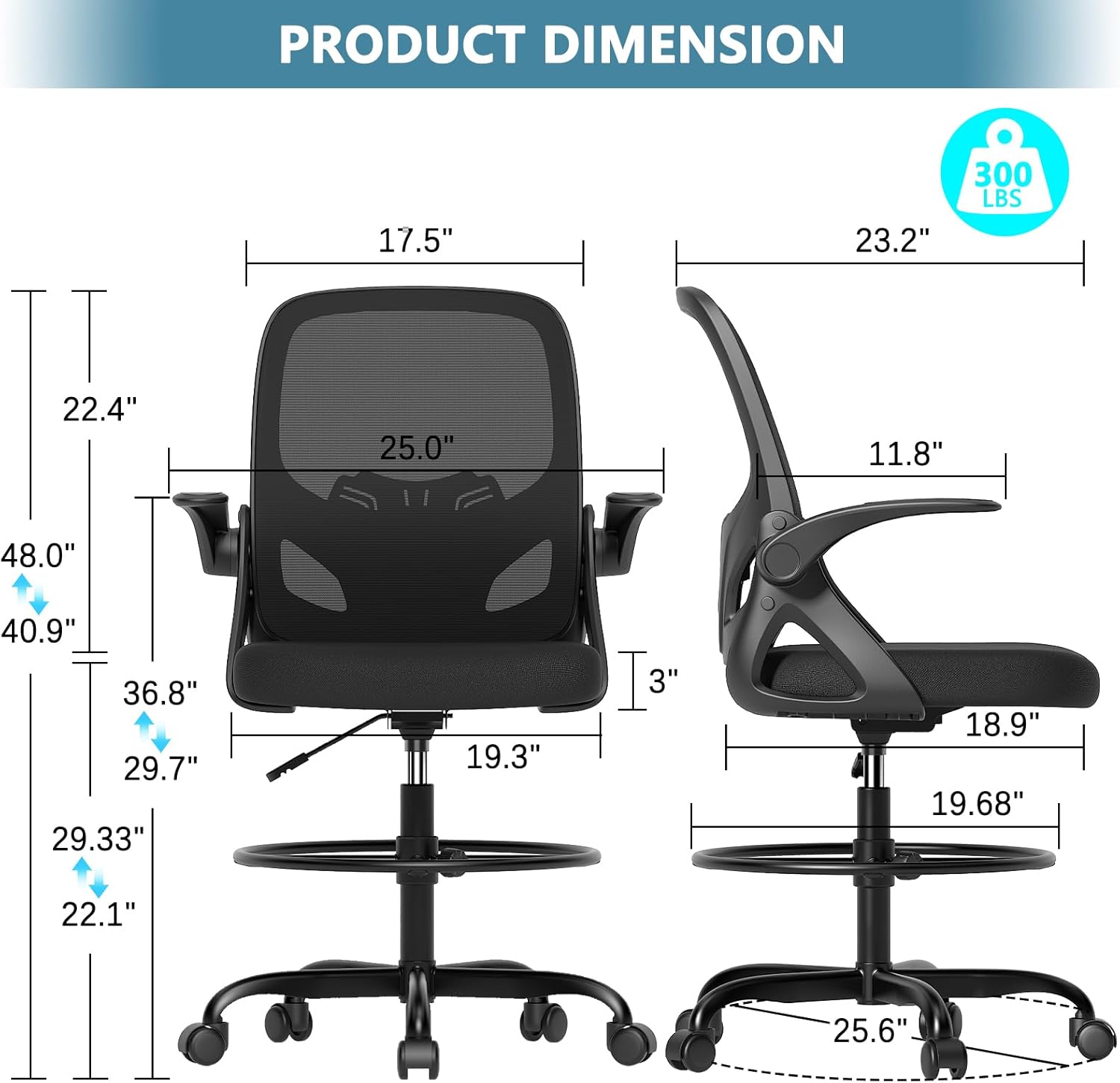Detalle 2 de Kensaker Tall Drafting Chair 2" Lumbar Support