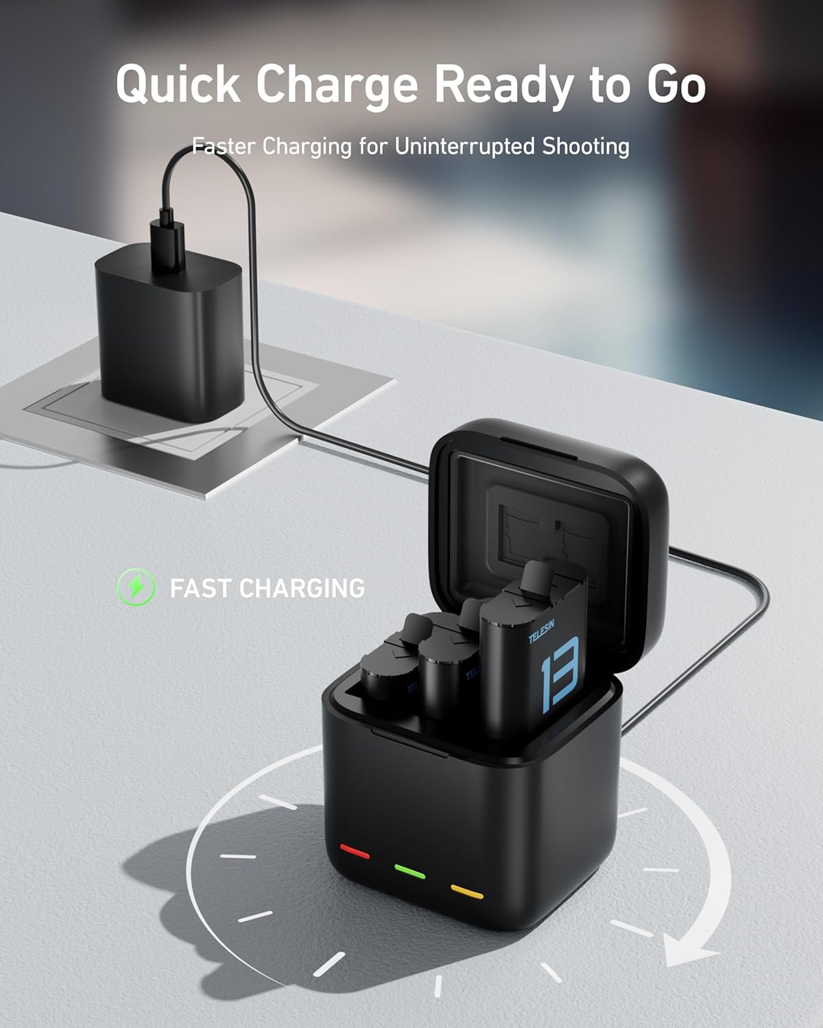 Thumbnail 5 de TELESIN Battery Charger Kit for GoPro Hero 13 Black (2-Pack) with Triple Charging Case + Type-C Cable