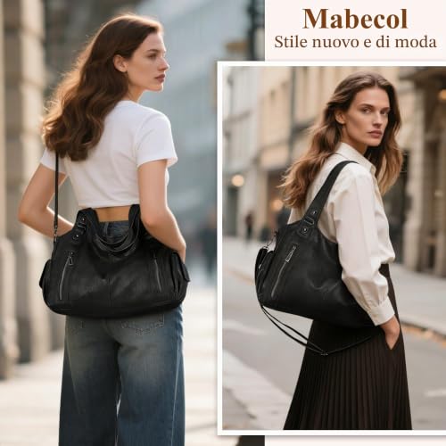 Detalle 2 de Mabecol borsa donna shopper in PU nero, capiente con tracolla regolabile