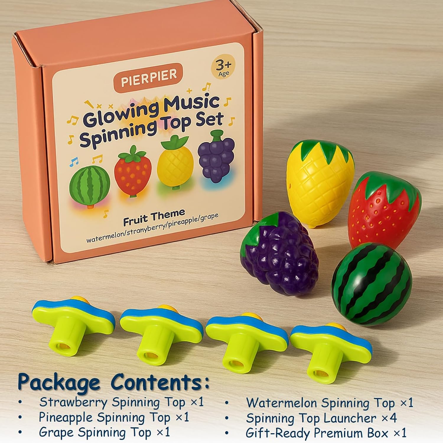 Detalle 2 de PIERPIER Fruit Light-Up Musical Spinning Tops, 4-Pack for Kids